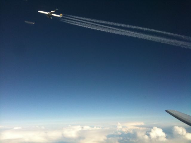 — — - Getting passed by LH (A340-600) over Atlantic.