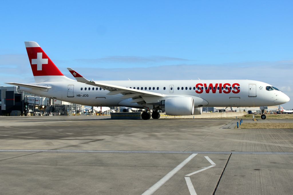 Airbus A220-300 (HB-JCG) - Taxiing to depart rwy 27L on 7-Feb-18 operating flight SWR319 to LSZH.
