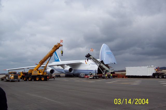 Antonov An-124 Ruslan — - Wide view of heat exchange unit almost ready to go up ramp for trip overseas. Sorry about the date stamp!