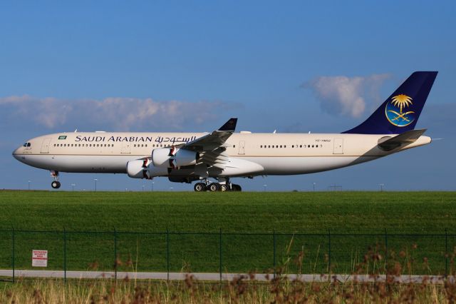 Airbus A340-200 (HZ-HMS2) - Landing on runway 6L. Probably brought to Cleveland from Washington/Dulles to avoid Hurricane Irene. This beauty is basically a royal palace with wings!