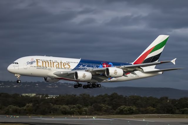 Airbus A380-800 (A6-EON) - Emirates with LA Dodgers scheme visiting Perth Western Australia