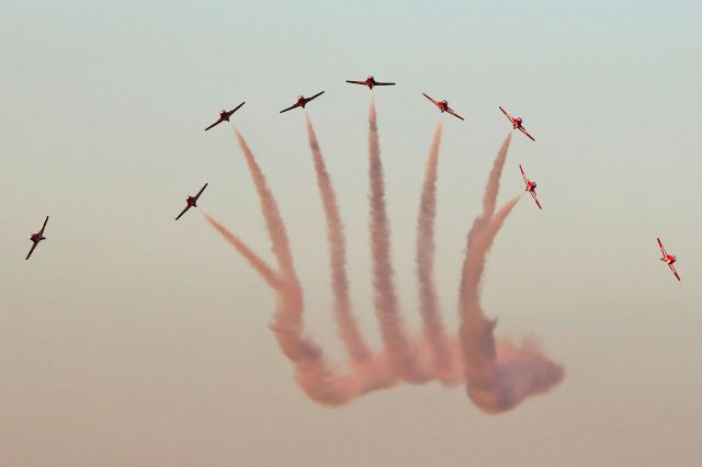 Canadair CL-41 Tutor (11-4145) - The RCAF Snowbirds 1 through 9 during Friday evening twilight performance at AirShow London 2017 on 22 Sept 2017. The CT-114 Tutor’s at this event included: 114051/1, 114109/2, 114009/3, 114145/4, 114013/5, 114090/6, 114131/7, 114149/8, 114096/9, 114161/10, and 114146/11.