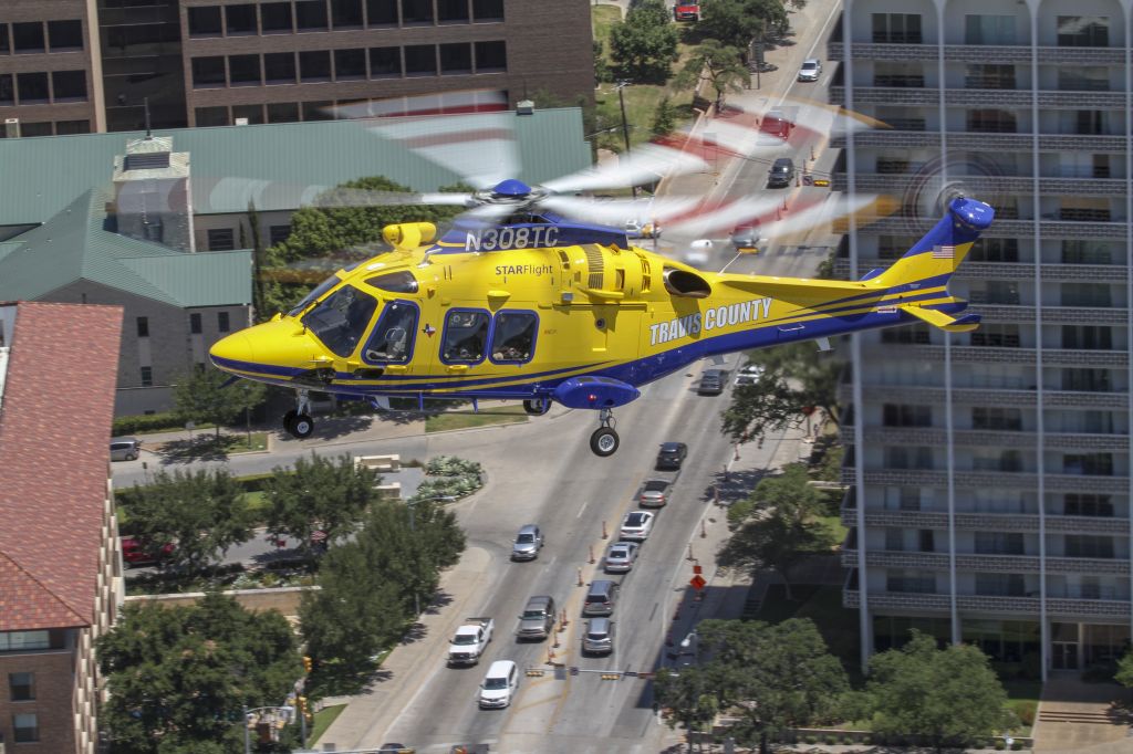 N308TC — - STARFlight AW169 preparing to land at Dell Seton Hospital downtown Austin.