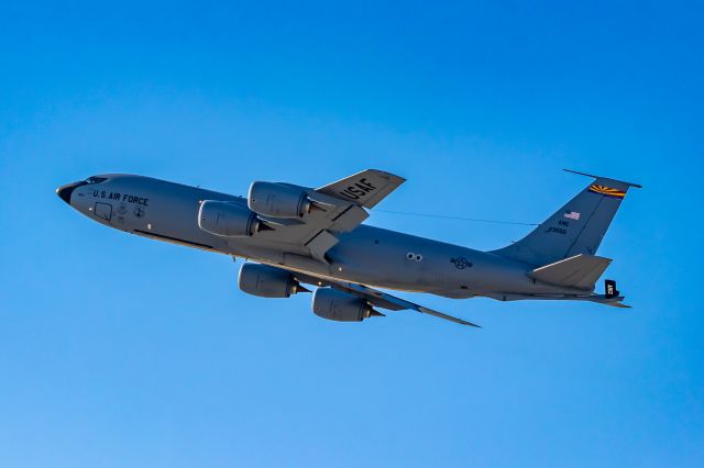 Boeing C-135FR Stratotanker (N23550) - US Air Force KC-135 taking off from PHX on 10/1/22. Taken with a Canon 850D and Rokinon 135mm f/2 manual focus lens.