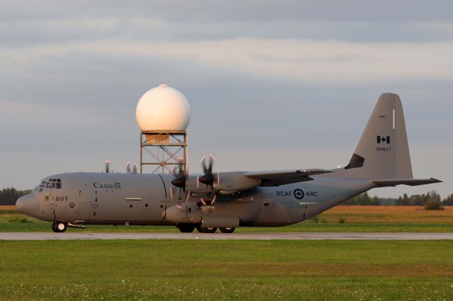 Lockheed C-130 Hercules (13-0607) - An RCAF C-130-J30 Super Hercules taxiing out for the twilight performance Airshow London Skydrive after the rain cleared up Friday, 27 Aug 2021.