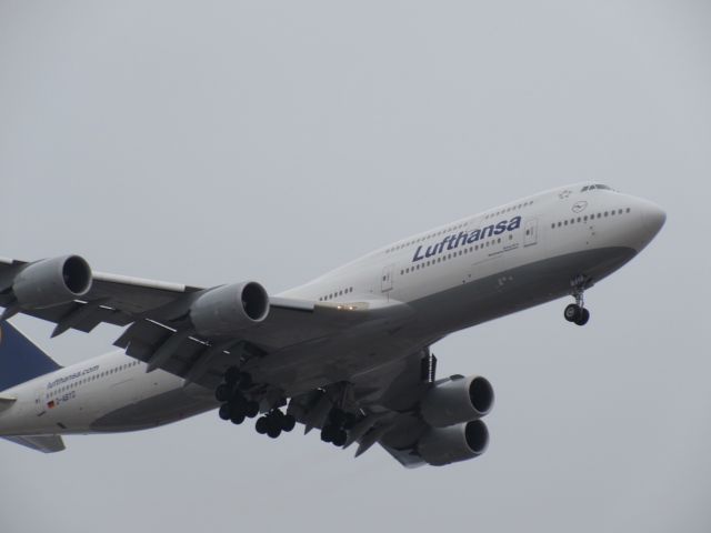 Boeing 747-200 (D-ABYD) - Lufthansa 747-8 landing at ORD on a gloomy and cloudy day. 