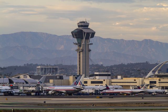 — — - Late evening LAX Control Tower, Los Angeles, California USA. View looking north from El Segundo vantage point.