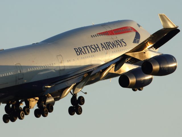 Boeing 747-200 (G-CIVT) - British Airways B747-436, just after rotation, flies into the sunset.