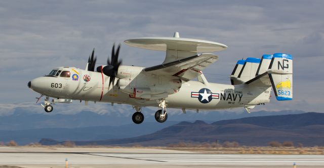 Grumman E-2 Hawkeye (16-5823) - A VAW-112 Golden Hawks E-2C Hawkeye returns to NAS Fallon after an afternoon training sortie.  Homeported at NAS Point Mugu, VAW-112 flies from the USS John C. Stennis while at sea.