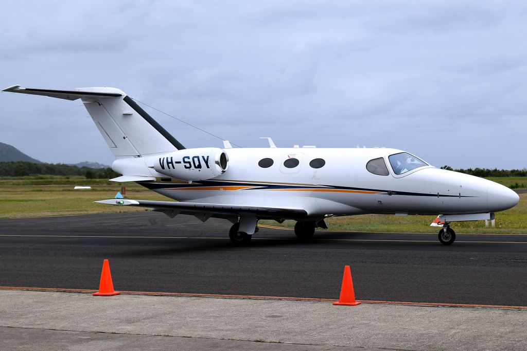 Cessna Citation Mustang (VH-SQY) - Cessna 510 Citation Mustang VH-SQY taxiing out at Sunshine Coast A/P for a dust off flight Nov 3, 2014