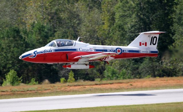 Canadair CL-41 Tutor (11-4143) - A RCAF Canadair CT-114 Tutor is just feet above runway 13. The Snowbirds were in town for an air show. Falcon Field-Peachtree City, Ga.