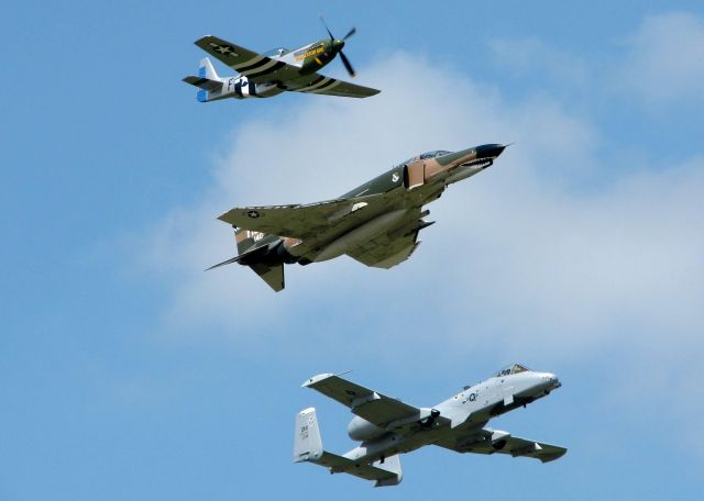 North American P-51 Mustang (N4151D) - P-51 Galveston Gal flying with F-4 (72-1140) and A-10 (80-0238) at Barksdale Air Force Base.