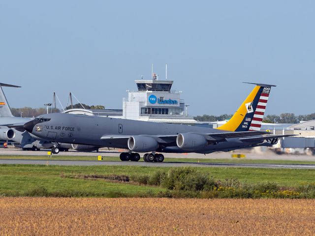 Boeing C-135B Stratolifter (59-1471) - Departure day at Airshow London always yields a good catch or two. I caught 59-1541, a Boeing KC-135T Stratotanker sporting the 116th Air Refueling Squadron (ARS) ‘Ace of Spades’, 141st Air Refueling Wing (ARW) 100th Anniversary Heritage livery outbound for Fairchild AFB.