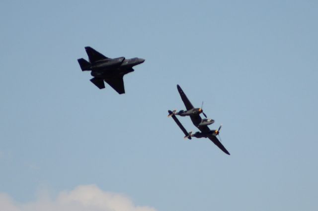 Lockheed F-35C — - F-35 Lighting II and P-38 Lighting flying together over Luke Air Force Base.