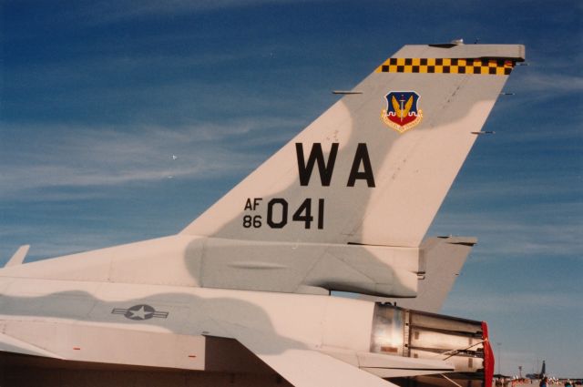 Lockheed F-16 Fighting Falcon (86-0041) - Tail markings of F-16 used in Red Flag. This F-16 flew with the Thunderbirds at one time.