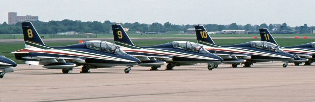 AERMACCHI MB-339 — - McGUIRE AIR FORCE BASE, WRIGHTSTOWN, NEW JERSEY, USA-AUGUST 1986: Performing at the August 1986 Open House and Air Show was the Italian Air Force Aerobatic Team "Frecce Tricolori" (Three-Colored Arrows). 