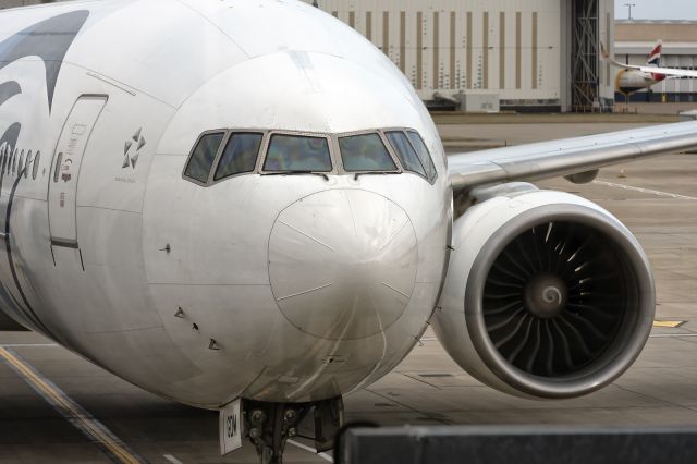 BOEING 777-300ER (SU-GDM) - 21st August, 2024:  Up close and personal view of the aircraft as she eases towards the gate at Heathrow Terminal 2 after arriving from Cairo as flight MS 777.