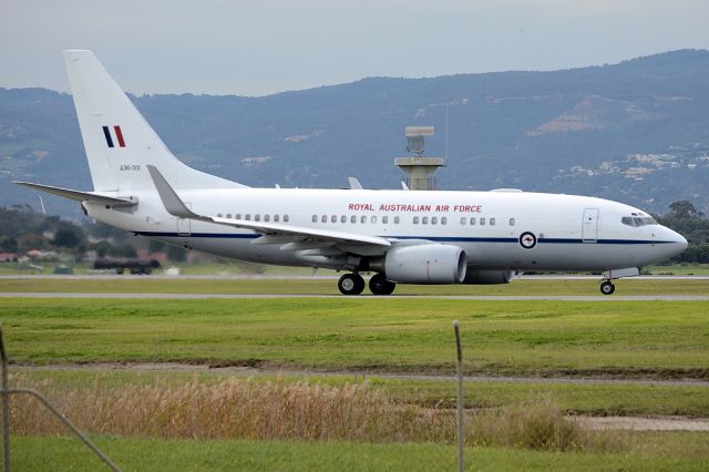 Boeing 737-700 (A36001) - On taxiway heading for take-off on runway 05. This aircraft is often used to transport the Australian Prime Minister. Thursday, 19 June 2014.