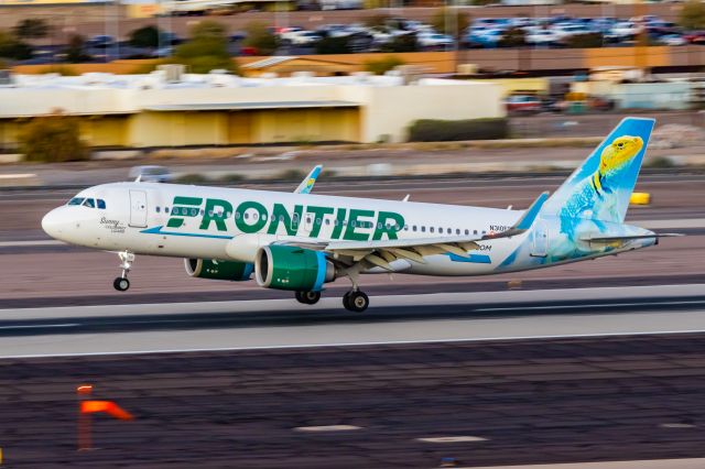 Airbus A320neo (N310FR) - Frontier Airlines A320 neo "Sunny the Collared Lizard" landing at PHX on 12/9/22. Taken with a Canon R7 and Tamron 70-200 G2 lens.