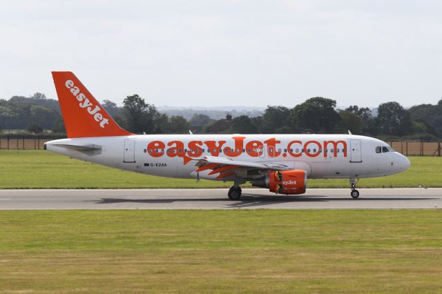 Airbus A319 (G-EZAA) - Operating flight U22052 from Geneva to Luton on the morning of 11th August 2019. Photo taken from top of multi storey car park. 