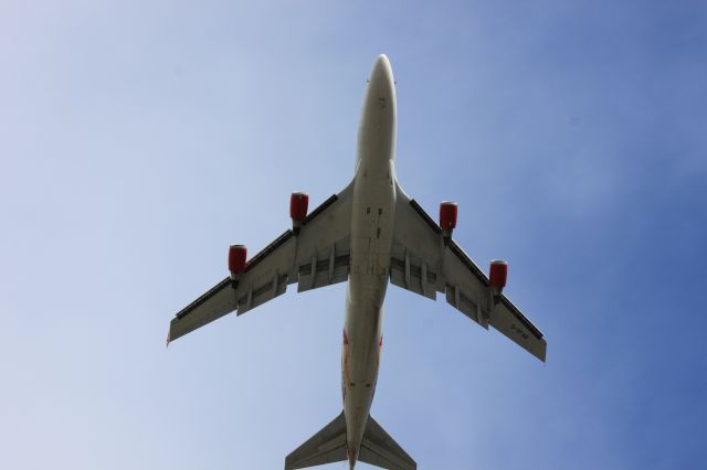 Boeing 747-400 (G-VFAB) - Standing at Walnut St & 6th Ave in San Bruno, California, USA. Photo taken at 17:24 Pacific Time on 3 May 2012. This jet, "Lady Penelope" was just departing SFO for London Heathrow.