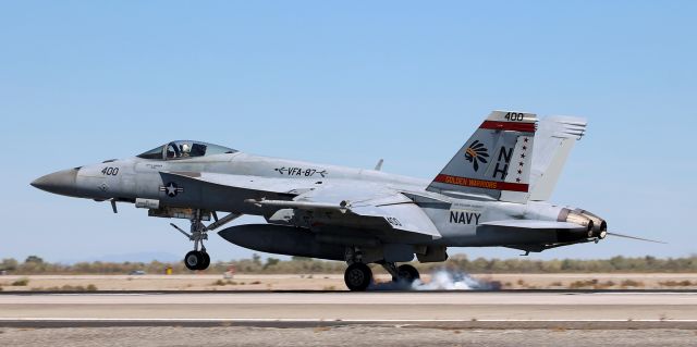 McDonnell Douglas FA-18 Hornet (16-8910) - The VFA-87 "Golden Warriors" CAG colorbird touches down on NFL's 31L as it returns from an early afternoon training sortie.br /br /United States Navy McDonnell Douglas F/A-18E Super Hornet (168910)br /VFA-87 (Strike Fighter Squadron Eight Seven) "Golden Warriors"br /Home Port: Naval Air Station Oceanabr /At Sea on: USS Theodore Roosevelt (CVN-71)br /br /* First photo of 168910 to be posted in the FA gallery. *