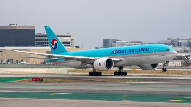 Boeing 777-200 (HL8045) - Korean Air Cargo Boeing 777 Freighter taking off at LAX June 14th, 2019. Photo taken from Terminal 4.