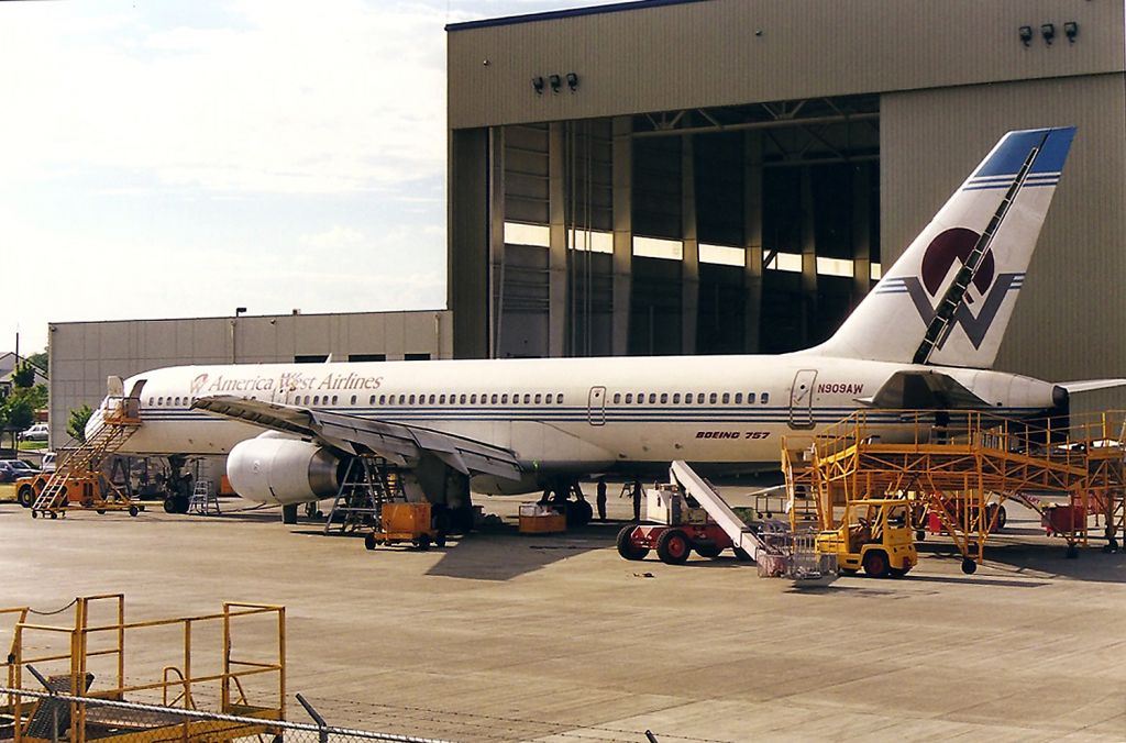 Boeing 757-200 (N909AW) - KPAE - America West 757 in to Everett at BF Goodrich for a full check. Photo date Aug 2000 apprx.