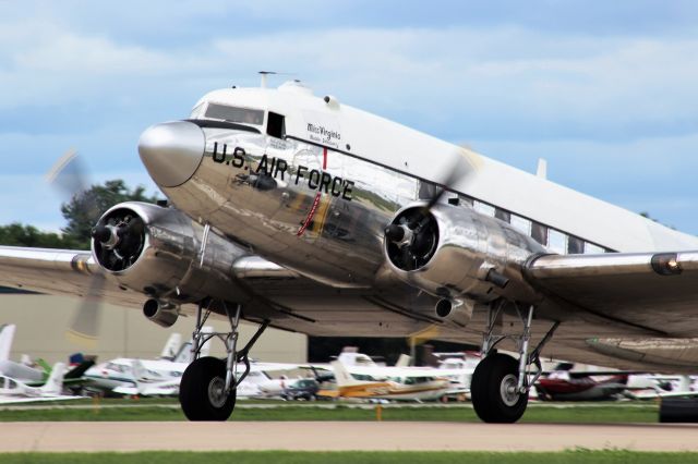 Douglas DC-3 (N47E) - Miss Virginia on the take-off roll at Oshkosh 2018.  br /br /Beats spraying for gypsy moths on previous assignments.  