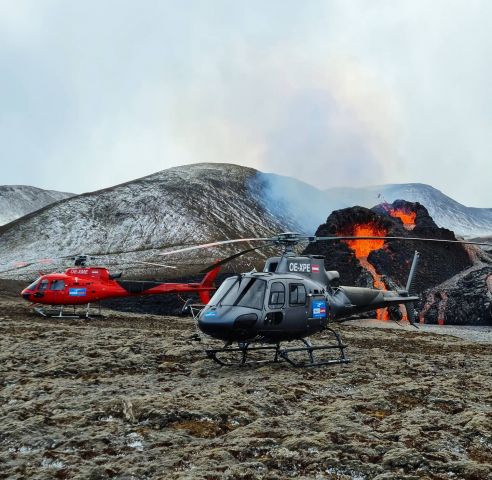 OE-XPE — - Image from Heli Austria Iceland Facebook page. Taken at the Geldingadalir volcanic eruption in Iceland.