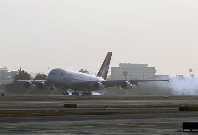 Airbus A380-800 (VH-OQL) - Phyllis Arnott arrives in the early morning at LAX. She was the first woman in Australia to be issued a Commercial Pilots License.