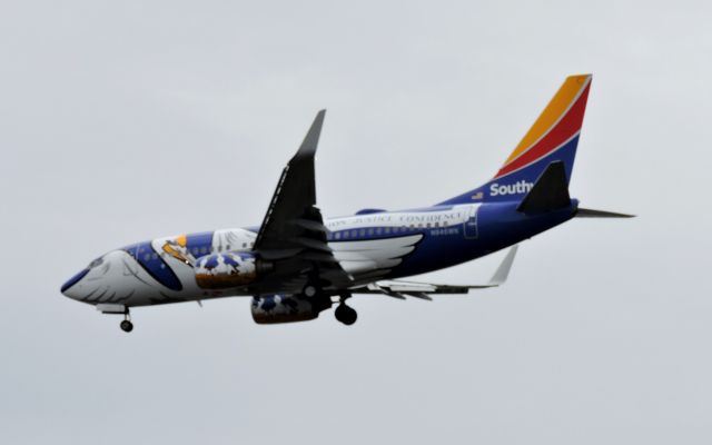 Boeing 737-700 (N946WN) - "Louisiana One" Livery is moments before landing, spring 2019.