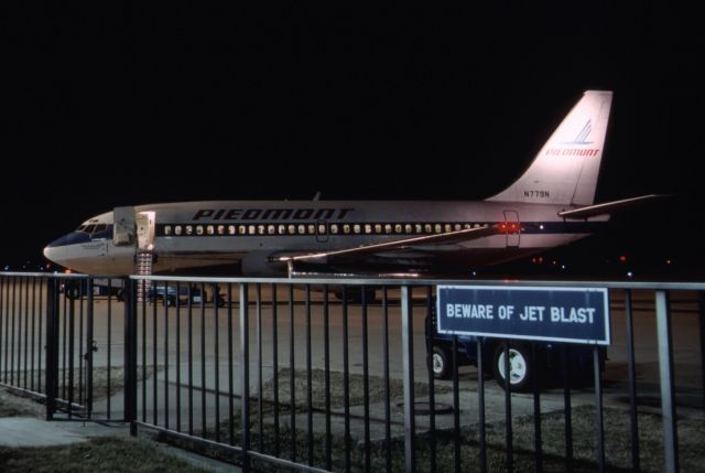 Boeing 737-700 (N779N) - Night shot of a Piedmont 737 at GSP, early 1980's.  From 35mm slide.