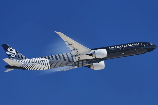 BOEING 777-300ER (ZK-OKQ) - An Air New Zealand operated Boeing 777-300 series widebody jet, special "All Blacks" livery, takes to the skies after liftoff from the Los Angeles International Airport, LAX, Westchester, Los Angeles, California