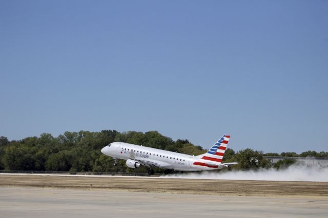 Embraer 175 (N205NN) - MHK was closed summer 2023 for runway construction (note the ample amounts of dust from the finished runway) and reopened on Sept 25 for commercial traffic. This is it’s departure!