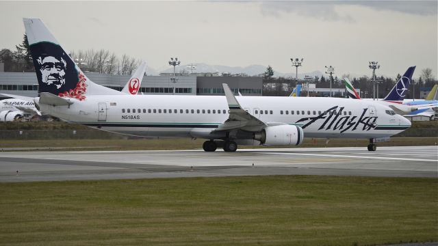 Boeing 737-800 (N518AS) - ASA9001 taxis onto runway 16R for departure to KSEA on 2/26/13. (LN:2785 c/n 35693). The aircraft was at ATS for maintenance.