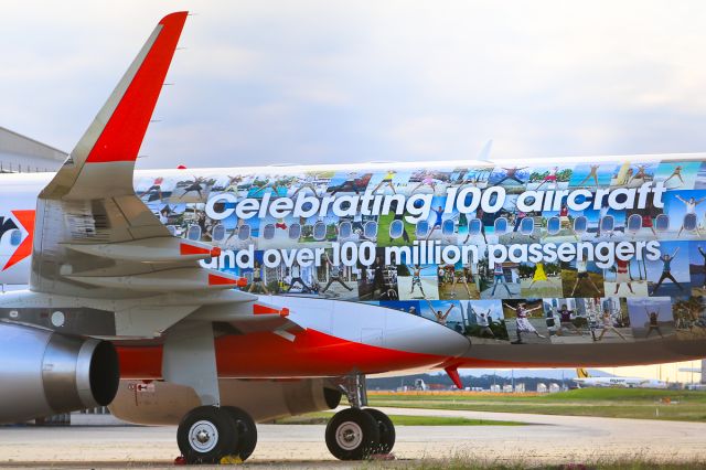 Airbus A320 (VH-VFN) - A close up of the latest Jetstar special livery. Celebrating 100 aircraft and over 100 million passengers.