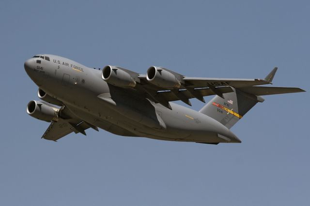 N055141 — - A Boeing C-17A Globemaster III climbing out of March ARB in Riverside, CA.