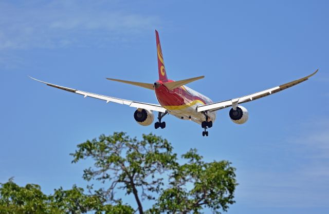 Boeing 787-8 (B-2739) - Hainan flight 7989 from Beijing about to drop from my view behind the trees and touchdown at KSJC (San Jose, CA)