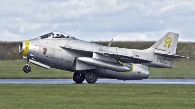 Saab 29 (SE-DXB) - Swedish Air Force Historic Flight Saab J-29F Tunnan SE-DXB arrives for the RAF Scampton Air Show - 8th September 2017