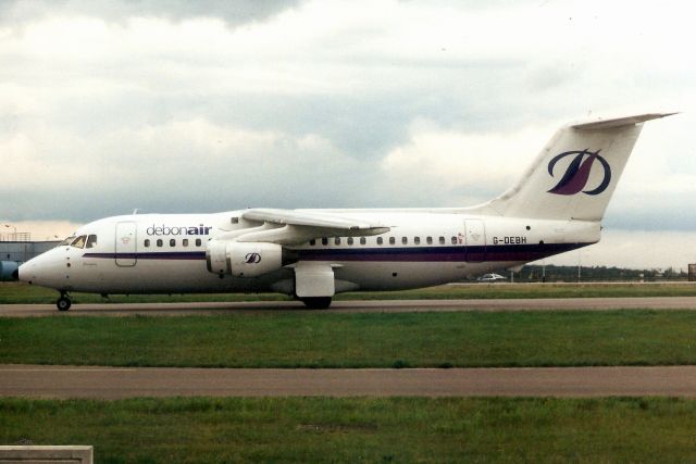 British Aerospace BAe-146-200 (G-DEBH) - Taxiing to the ramp in Jul-98.br /br /With Debonair from Aug-97 to Feb-00 when it became OY-RCA then G-CLHE, back to OY-RCA and N473NA for Neptune Aviation Services.