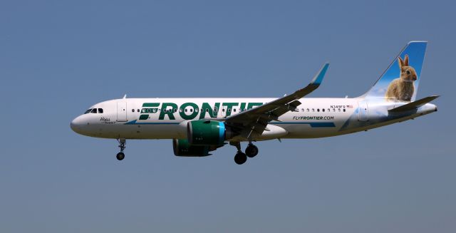 Airbus A320neo (N349FR) - On final is this 2019 Frontier Airlines Airbus A320-251N with "Hops" the Rabbit livery on the tail in the Spring of 2021.