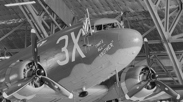 Douglas DC-3 (N47TB) - C-47A Skytrain "That's All, Brother" on display at Andrews Air & Space Expo 2022 - B&W Edit