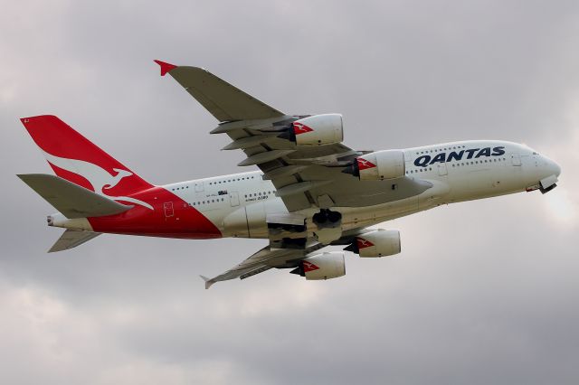 Airbus A380-800 (VH-OQJ) - QF10 to Melbourne via Dubai taking off from Heathrows runway 27R on Thursday 06/08/15. Photo taken from Thistle Hotel Viewing Terrace.