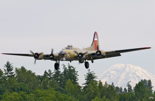 Boeing B-17 Flying Fortress (SAI93012) - Collings Foundation B-17 'Nine-O-Nine' on final to Paine Field, Everett, on Friday afternoon... Mt Rainier in the background... June 15, 2012