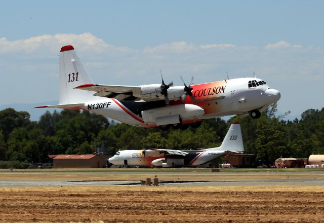 Lockheed C-130 Hercules (N130FF) - KRDD - Coulson Air Tanker 131 departing Redding for a fire on I-5 south of Dunsmuir, CA 7-25-2017.