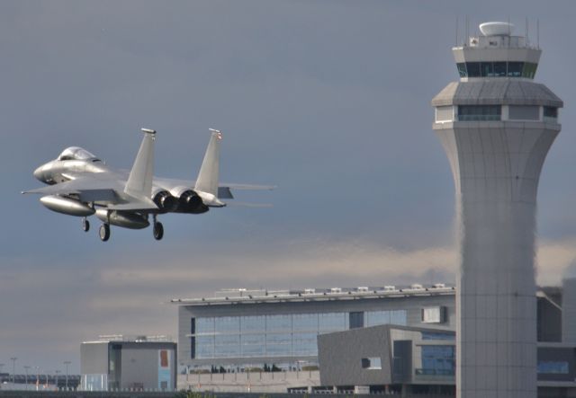 McDonnell Douglas F-15 Eagle (80-0020) - F15 about to roar past the PDX control tower for 28L