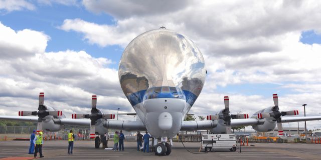 — — - NASAs Super Guppy delivering parts of Space Shuttle trainer to Museum of Flight at Boeing Field, Seattle, Wa.