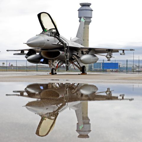 Lockheed F-16 Fighting Falcon (89-2045) - Reflections of 89-2045 from the 180th FW, OH ANG, Toledo on the ramp in Cleveland this morning, 16 Apr 2022. A flight of four F-16’s performed a flyover last night during the opening ceremonies at the Cleveland Indians home opener.