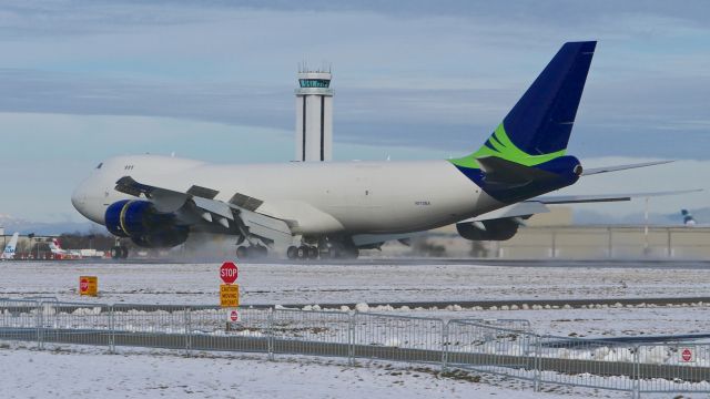 BOEING 747-8 (N770BA) - BOE573 lands on Rwy 34L to complete a ferry flight from KMJZ on 2.7.17. (ln 1437 / cn 37564). This was the first B748F that Boeing had in a "Seahawks" c/s.